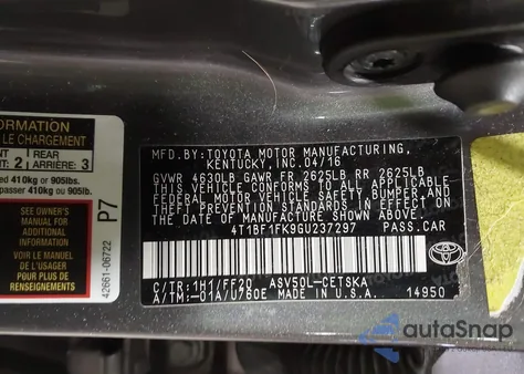 2016 Toyota Camry Se z USA, uszkodzony, nr VIN 4T1BF1FK9GU237297